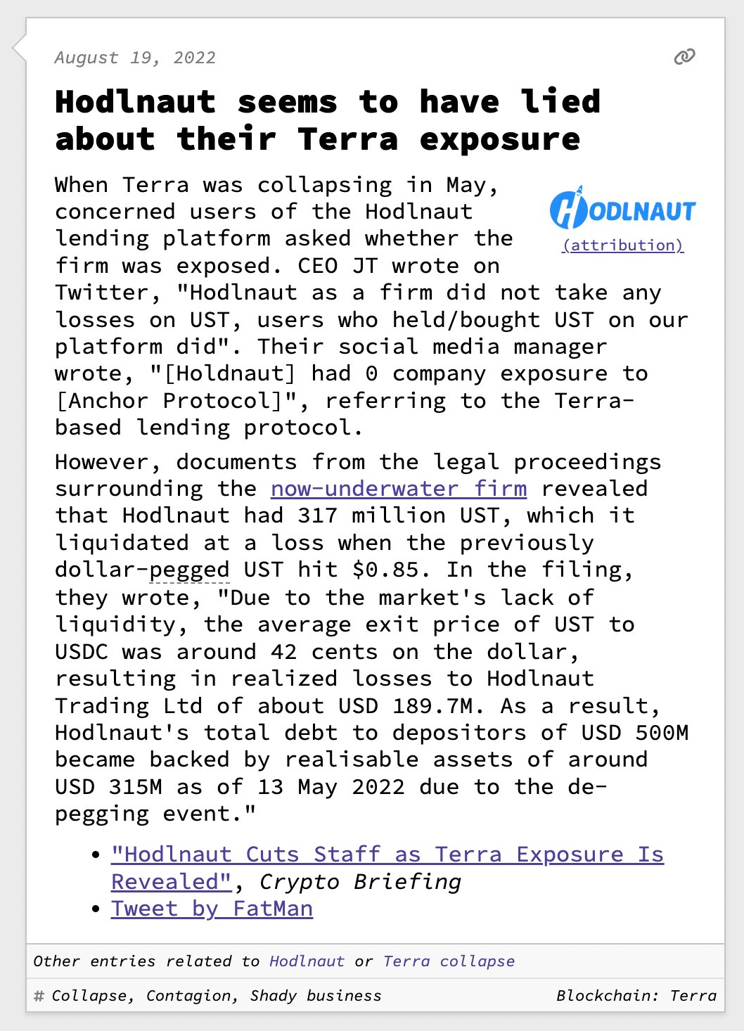 Hodlnaut CEO Told Users 'No Terra Exposure' — While Sitting on $190M in UST Losses